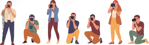 Diverse Group of People Photographing with Digital Cameras, Illustrating Professional Photo Session, Paparazzi, Photojournalism, or Photography Class Activity, Flat Vector Style.