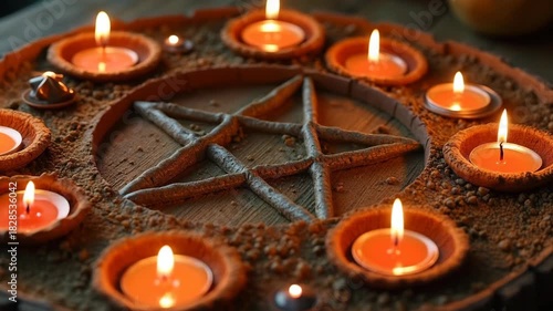 Pentagram with tealights, suitable for seasonal rituals, Yule 

