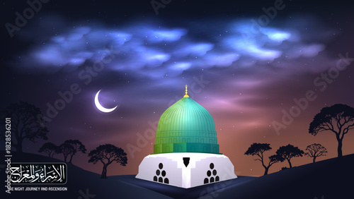 Vector Islamic landscape of the Night of Ascension with sparkling clouds, celestial lights descending from the sky, green domes and a prominent crescent moon.