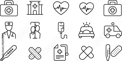 Essential medical and healthcare line icons set, including hospital, ambulance, doctor, heartbeat, first aid kit, thermometer, and bandage, for modern web and print design,