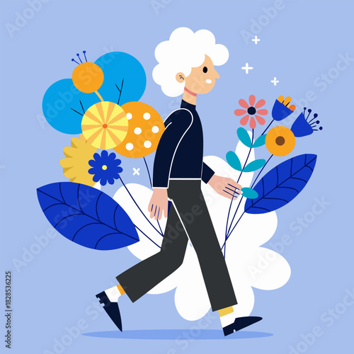 Elderly person with white hair walking happily among colorful abstract flora