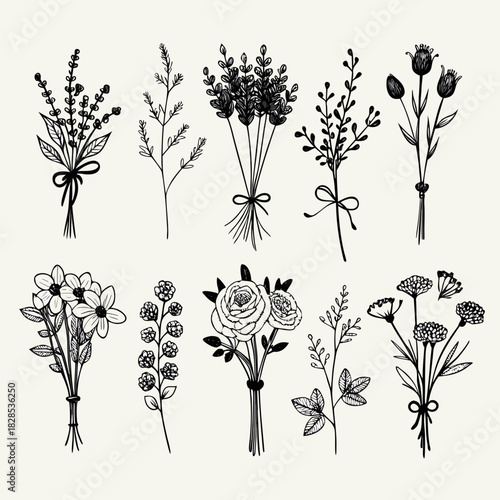 Collection of nine handdrawn botanical flower bouquets