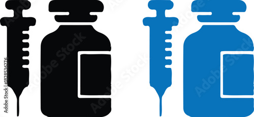 vaccine injection bottle bule black icons set vector illustration