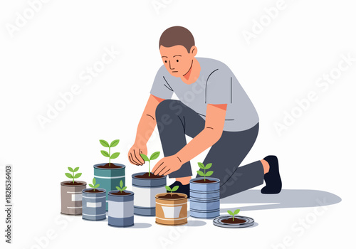 A man carefully tending to small plants growing in repurposed tin cans, focused on gardening.