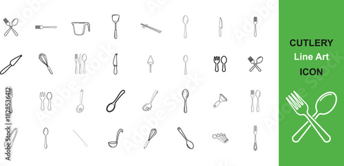Collection of hand drawn cutlery line art illustrations featuring forks spoons knives and other utensils ideal for culinary designs and restaurant menus