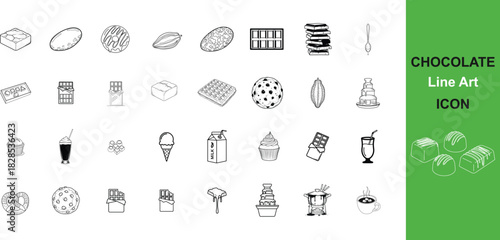Collection of chocolate themed line art icons for design projects featuring cocoa candy desserts and sweet treats in black and white style