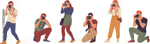 Group of Photographers Taking Pictures with Professional DSLR Cameras, Illustrating Creative Hobby, Photojournalism, Paparazzi, or Freelance Photography Career Concepts, Flat Vector.