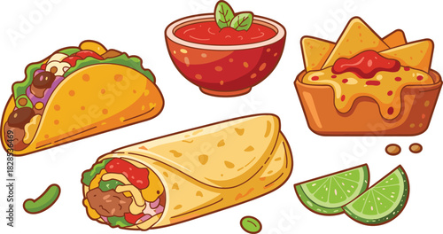 Delicious Mexican fast food collection featuring taco, burrito, nachos with cheese, red salsa, and lime slices in cartoon vector style.
