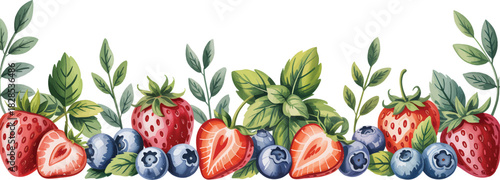 Border Sprigs Fresh With Strawberries Watercolor Blueberries Mint