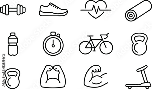 Running Shoe Icons Generate White Pulse Black Line Heart Fitness Thin Dumbbell