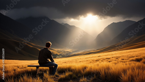 A man sits on a bench in thought and looks at the plain and the mountains