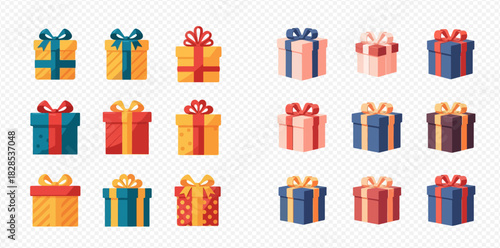 Collection of colorful gift boxes with ribbons and bows, perfect for celebrations, holidays, and special occasions.