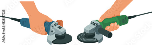 Hands Operating Two Different Electric Angle Grinder Power Tools, Used for Grinding, Cutting, and Sanding Metal, Stone, and Masonry in Industrial or DIY Applications.