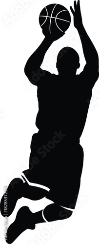 Basketball Player Silhouette Vector Illustration, Athletic Man Jumping and Shooting Ball, Dynamic Sport Action Graphic Element, Black and White Icon for Game and Competition Design