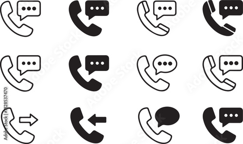Phone call icon set with speech bubble isolated on, representing communication, support, and contact in a minimalist design