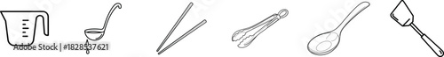 Simple line drawing of table setting utensils glass straw chopsticks fork spoon and knife for restaurant menu or recipe illustration design