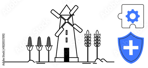 Windmill amid corn and wheat, shield with cross, gear puzzle piece. Ideal for sustainability, agriculture, renewable energy, protection, innovation problem-solving health. Simple flat metaphor