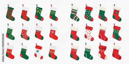 Collection of various Christmas stockings with different patterns and colors, festive holiday decorations.