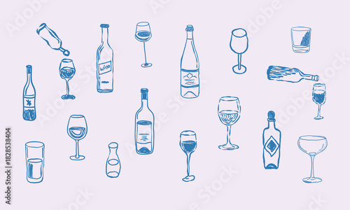 Hand drawn wine, glass, bottle vector doodles set. Hand for logo in restaurant or bar. Collection of diffrent style cocktails set, wine set
