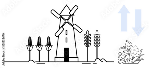 Windmill surrounded by corn, wheat, and flowers with arrows indicating energy flow. Ideal for themes thumbs up sustainability, farming, renewable energy, rural life, growth, eco-friendly solutions