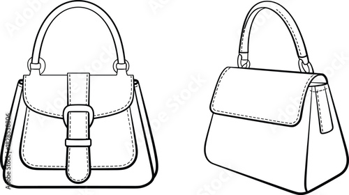 Elegant handbag front and back technical sketch with detailed stitching, buckle strap, clean outline and structured shape, cad drawing flat vector illustration