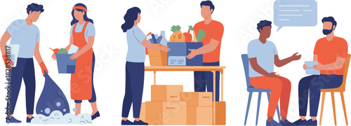 People volunteering for community service, cleaning garbage, donating food boxes, and providing psychological counseling support, flat vector illustration.