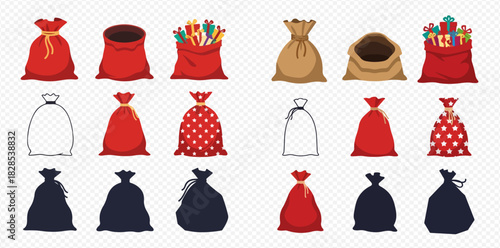 Collection of various Santa Claus sacks and burlap bags, including empty, full, outline, and silhouette versions for gifts and storage.