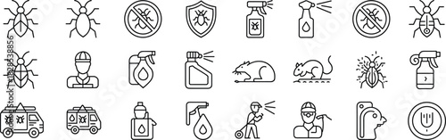 Pest control and exterminator line icons set, including insects, rodent, spray bottle, protective shield, professional worker, and service truck, for home and commercial cleaning design,