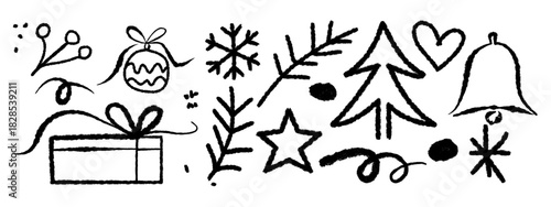 Retro vintage new year and christmas icons. Doodle sketch drawings in grunge charcoal style for winter holidays party celebration perfect for posters and invitation cards. Hand drawn chalk element