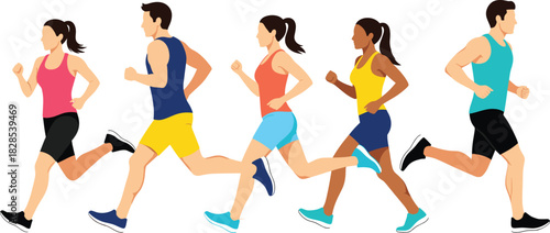 Diverse Group of Young Men and Women Running Together in Colorful Athletic Gear Vector Illustration, Representing Fitness, Marathon Training, Healthy Lifestyle, Teamwork, and Competition in Sports