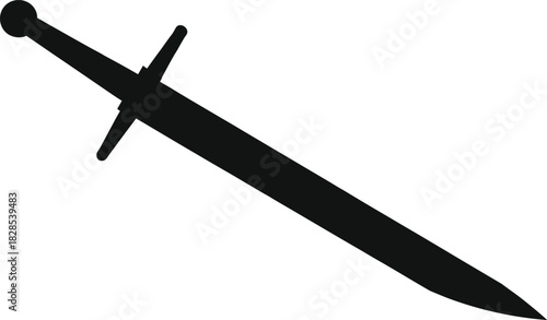 Clean black silhouette illustration of a medieval longsword or knight's arming sword, symbolizing honor, combat, historical fantasy, and classic weaponry design isolated on white