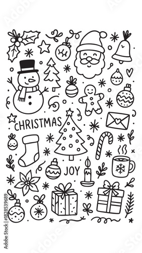 Christmas Doodle Coloring Page – Santa, Snowman, Tree, Gifts & Holiday Icons