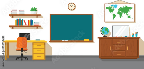 Flat Design Vector Illustration of a Classroom or Teacher's Office Interior Featuring a Blackboard, Desk, Computer, Bookshelves, Globe, and World Map, Representing Modern Education and Learning.