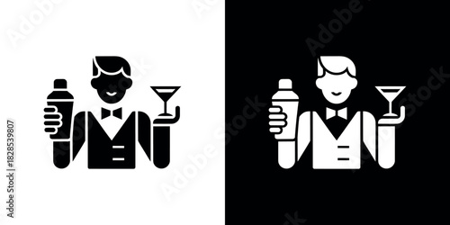 Bartender Holding Shaker and Martini Glass Silhouette on Transparent Background