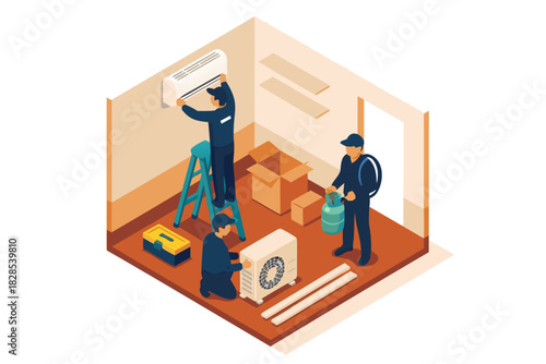 Professional HVAC technicians installing new air conditioning system for home comfort and efficient cooling solution in summer
