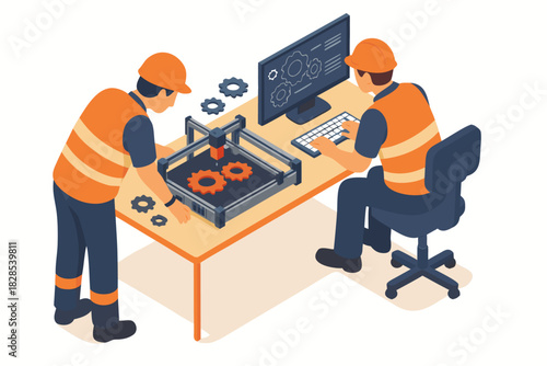 Two engineers collaborating on a 3D printing project using CAD software in a modern workshop, showcasing teamwork and innovation