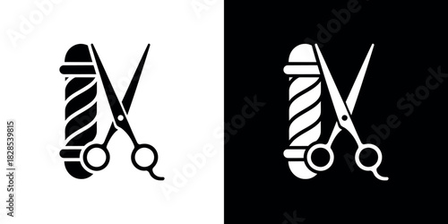 Barbershop pole with scissors isolated on transparent background in monochrome style