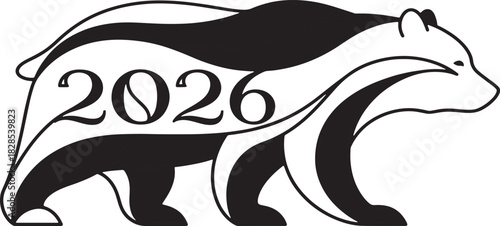 Abstract Bear Silhouette with Integrated 2026 Text in Bold Black and White Vector Design