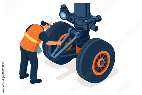 Aircraft engineer inspecting landing gear for safety regulations and maintenance checks in a modern aviation facility