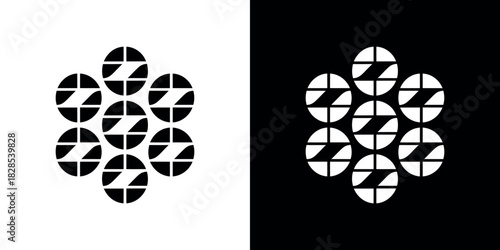 Black and white design featuring clustered circles with geometric cuts inside