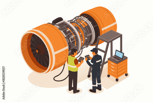 Aircraft engineers doing maintenance on modern turbine jet engine with laptop and tools for quality assurance and performance