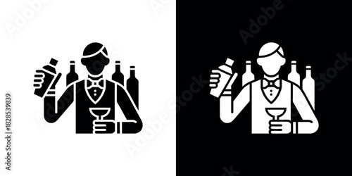 Bartender Shaking Cocktail with Glass, Bottles, Vest in Black and White Icon