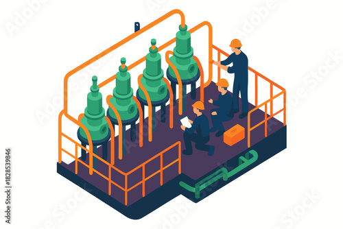 Professional engineers inspecting industrial equipment in a modern factory for safety and efficiency compliance