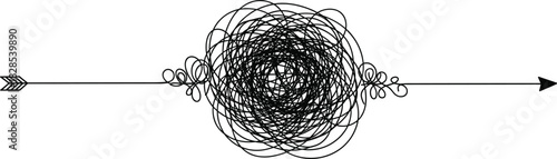 Vector Illustration of a Tangled Scribble Knot or Messy Line with an Arrow Passing Through, Symbolizing Problem Solving, Complexity, Chaos, Confusion, Finding a Solution, or Difficulty.