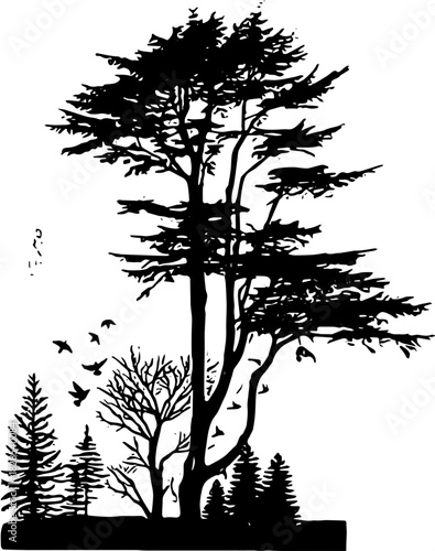 silhouette of a tree black and white background 