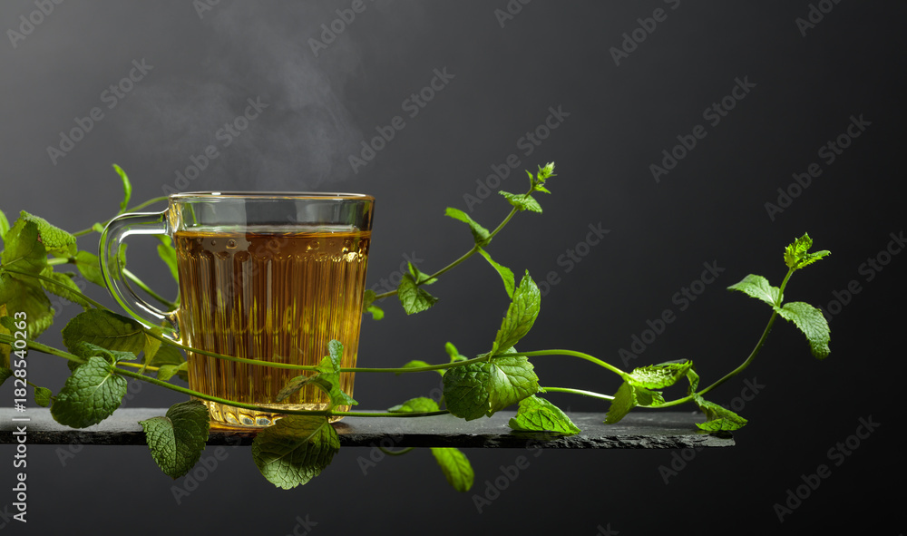 Naklejka premium Cup of mint tea and fresh mint sprigs.