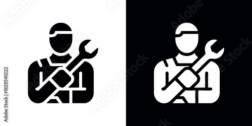 Mechanic Icon with Wrench in Solid Black and White, Transparent Background