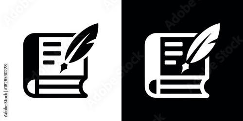 Open Book with Feather Pen Icon, Transparent Background, Black Silhouette, Single Object