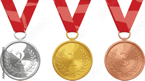 Realistic Vector Set of Gold, Silver, and Bronze Medals with Red Ribbons, Awarded for First, Second, and Third Place, Symbolizing Competition Success, Olympic Victory, and Championship Achievement