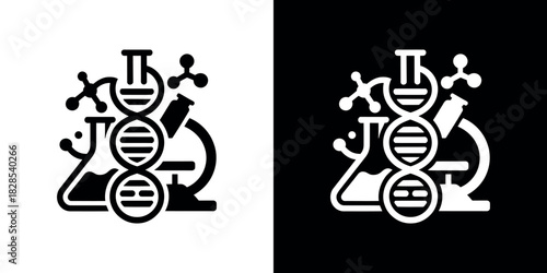 Science Icon with DNA Strand, Flask, Microscope and Molecule on Transparent Background